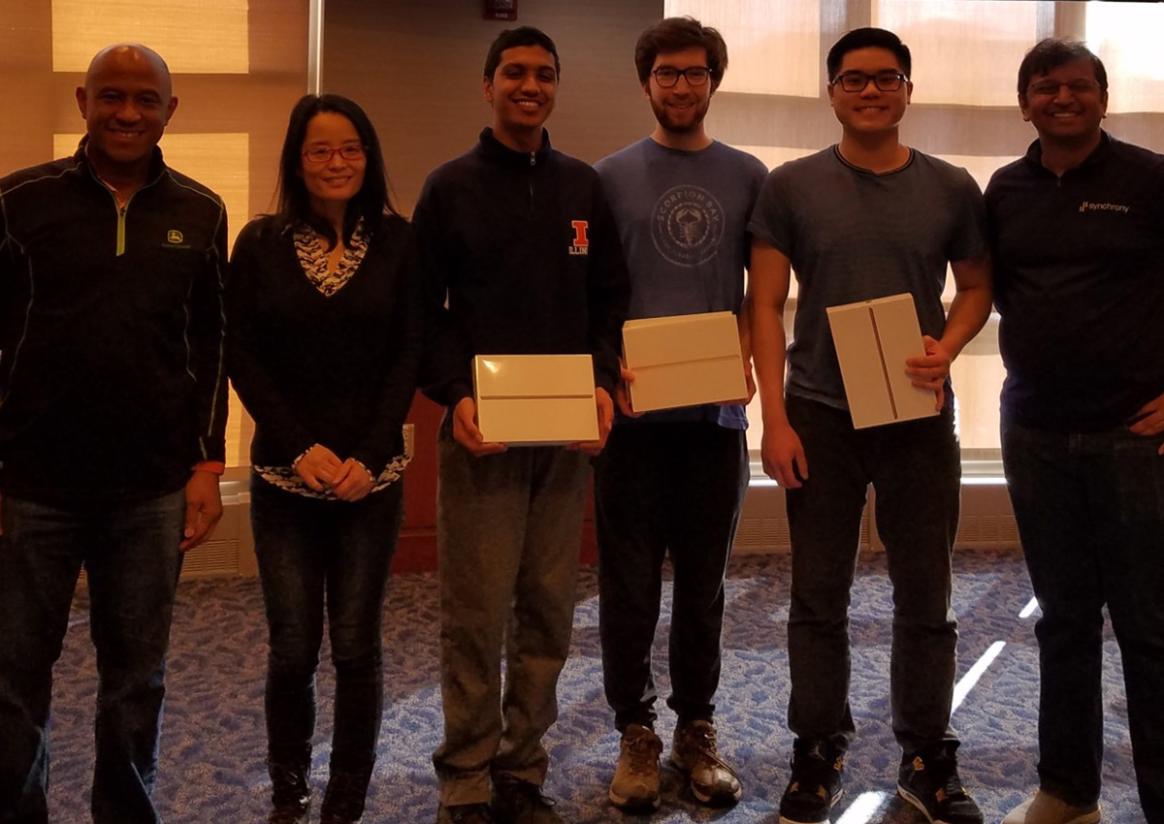 Winners of the most innovative model. From L to Right: David Charles, Manager, Data-Driven Innovation, John Deere; Bo Li, Head, Department of Statistics; Rishub Podar, student winner; Liam Lutton, student winner; Andrew Ma, student winner; Ujjval Patel, S